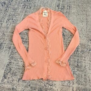 SEMICOUTURE 01 Peach Pink Ribbed Lace Trim Button Front‎ Cardigan Sweater Size M